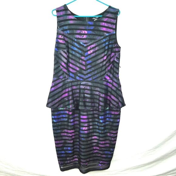 City Chic Floral Rose Mesh Striped Peplum Pencil Sleeveless Dress Plus Size XS14 - Picture 1 of 10